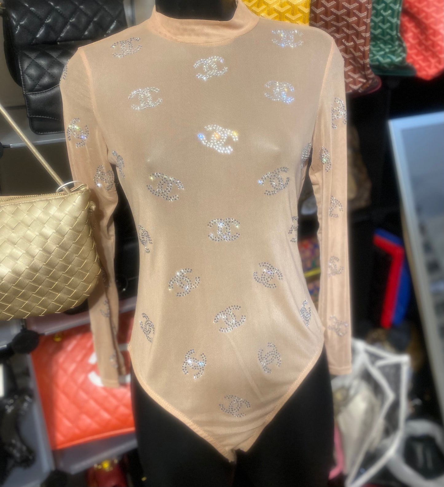 Long sleeve Chanel bodysuit mesh material
