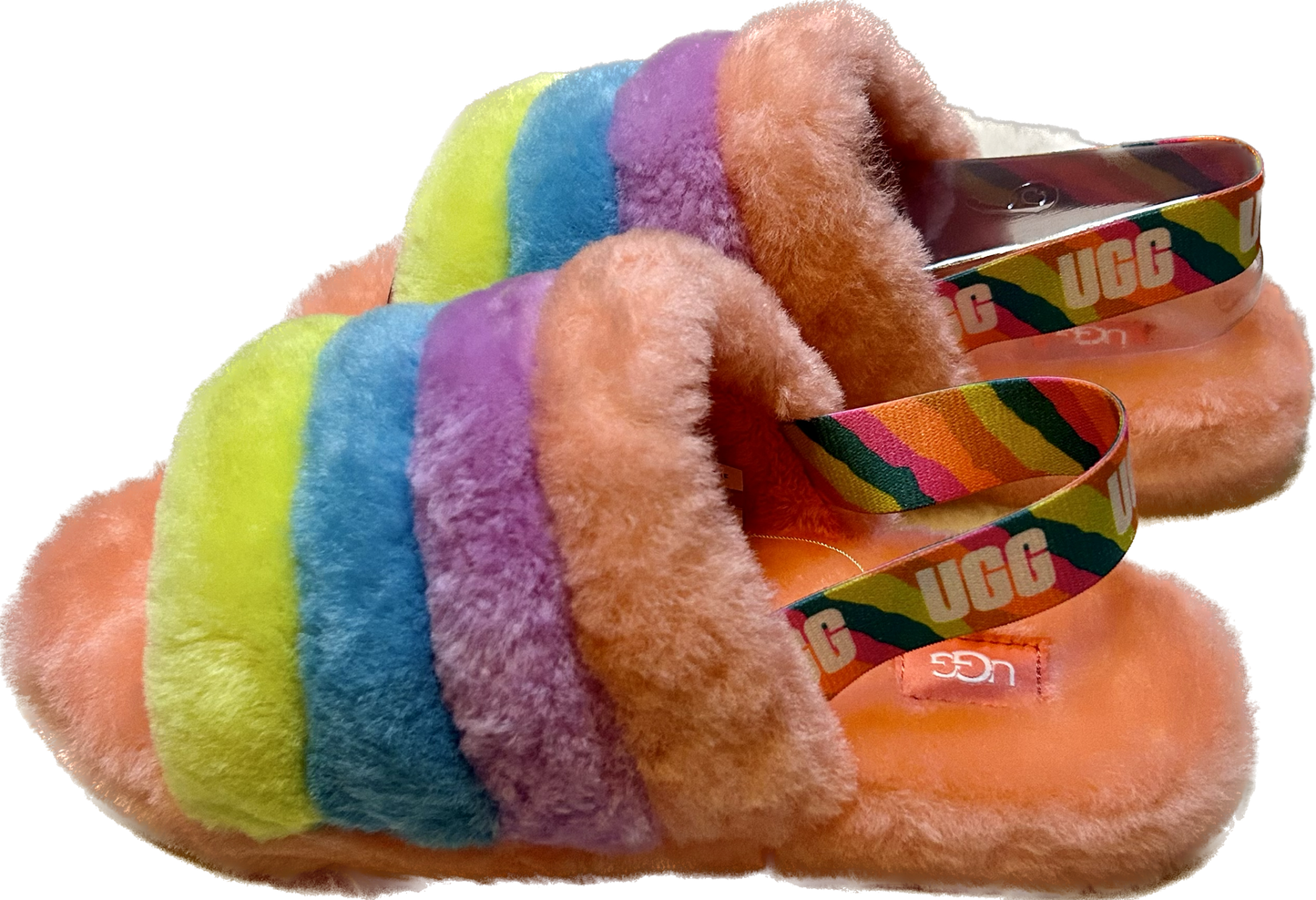 Rainbow color Ugg sandal with the strap in the back