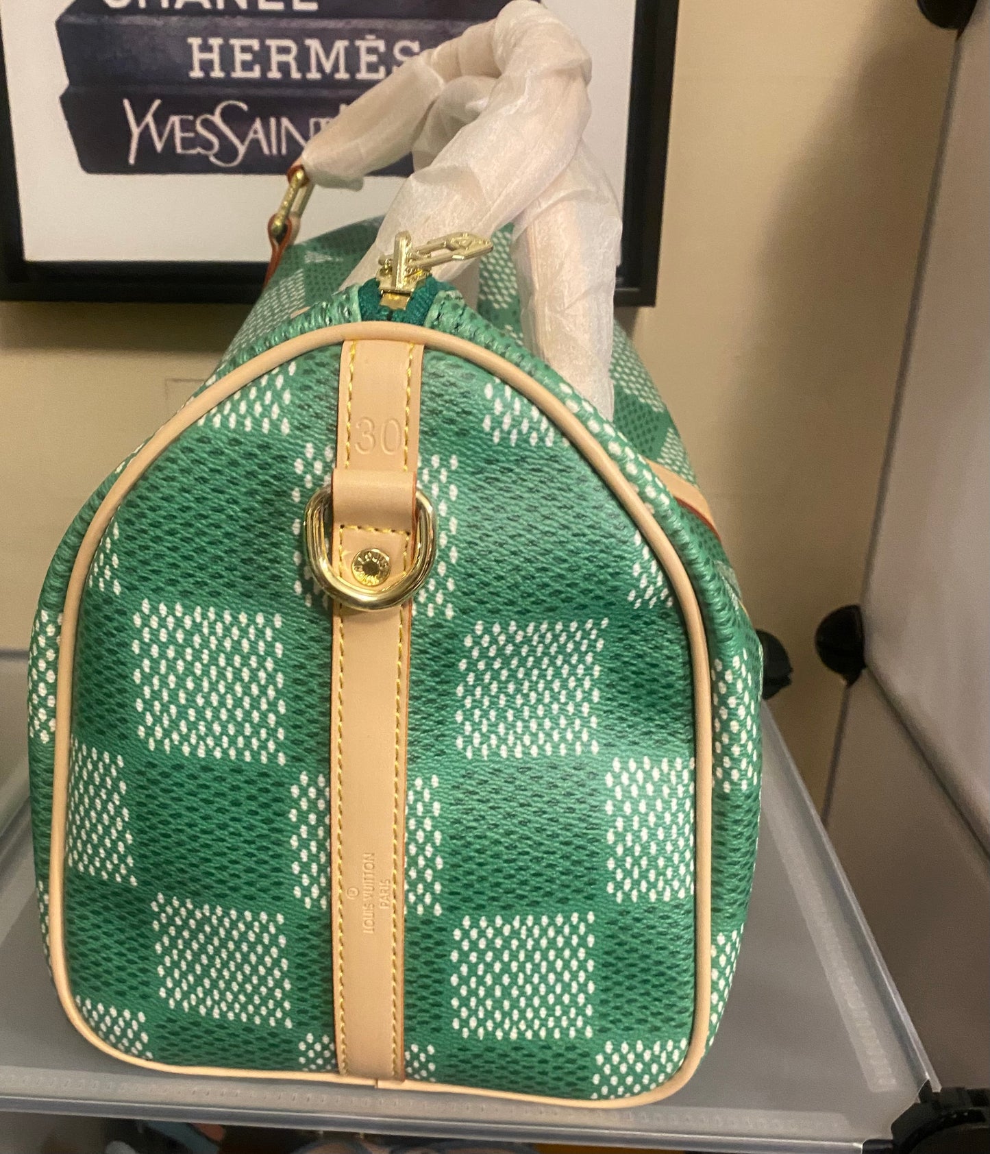 Green and nude Louis Vuitton bag