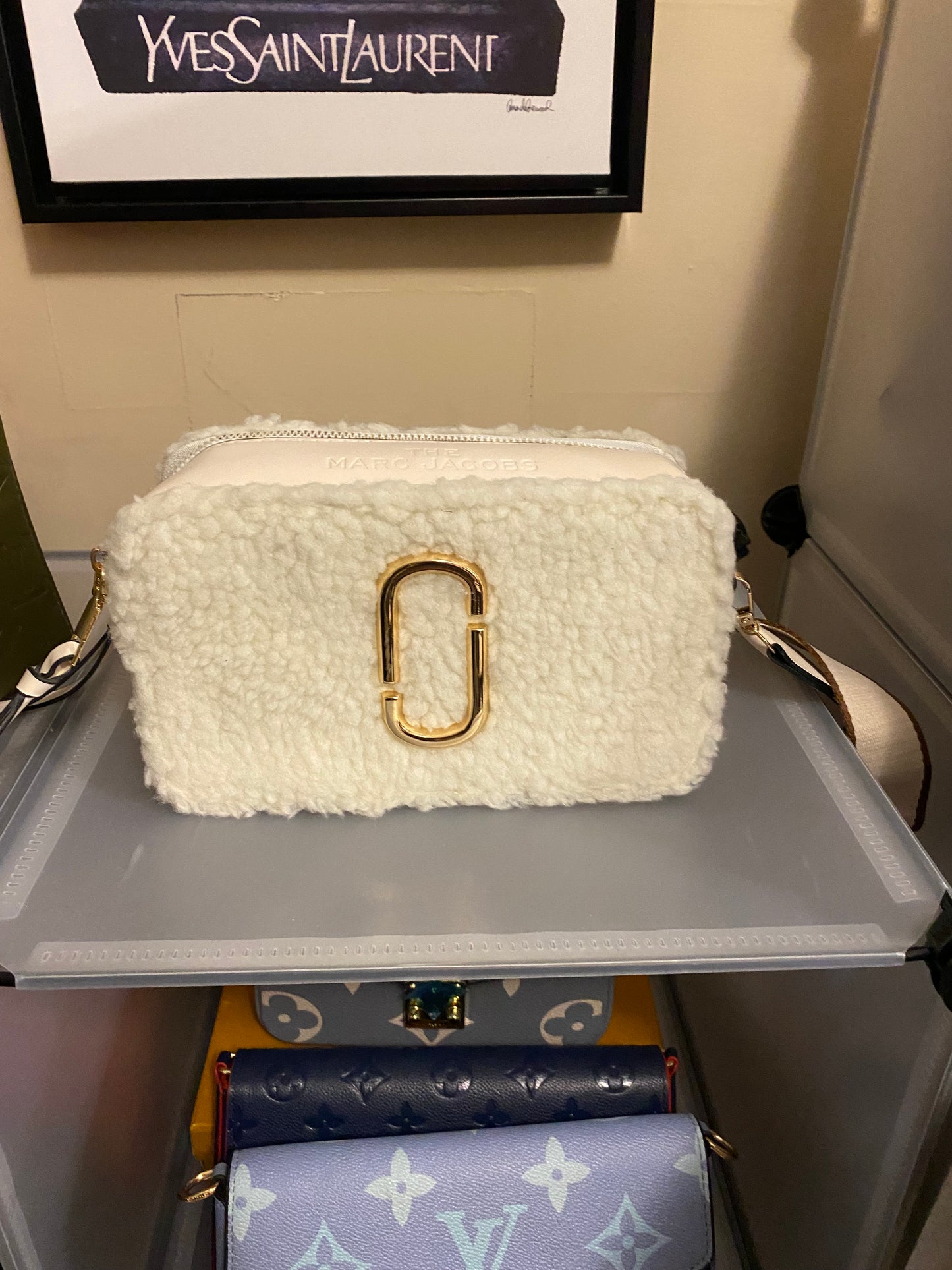 White fur gold Marc Jacob logo camera bag