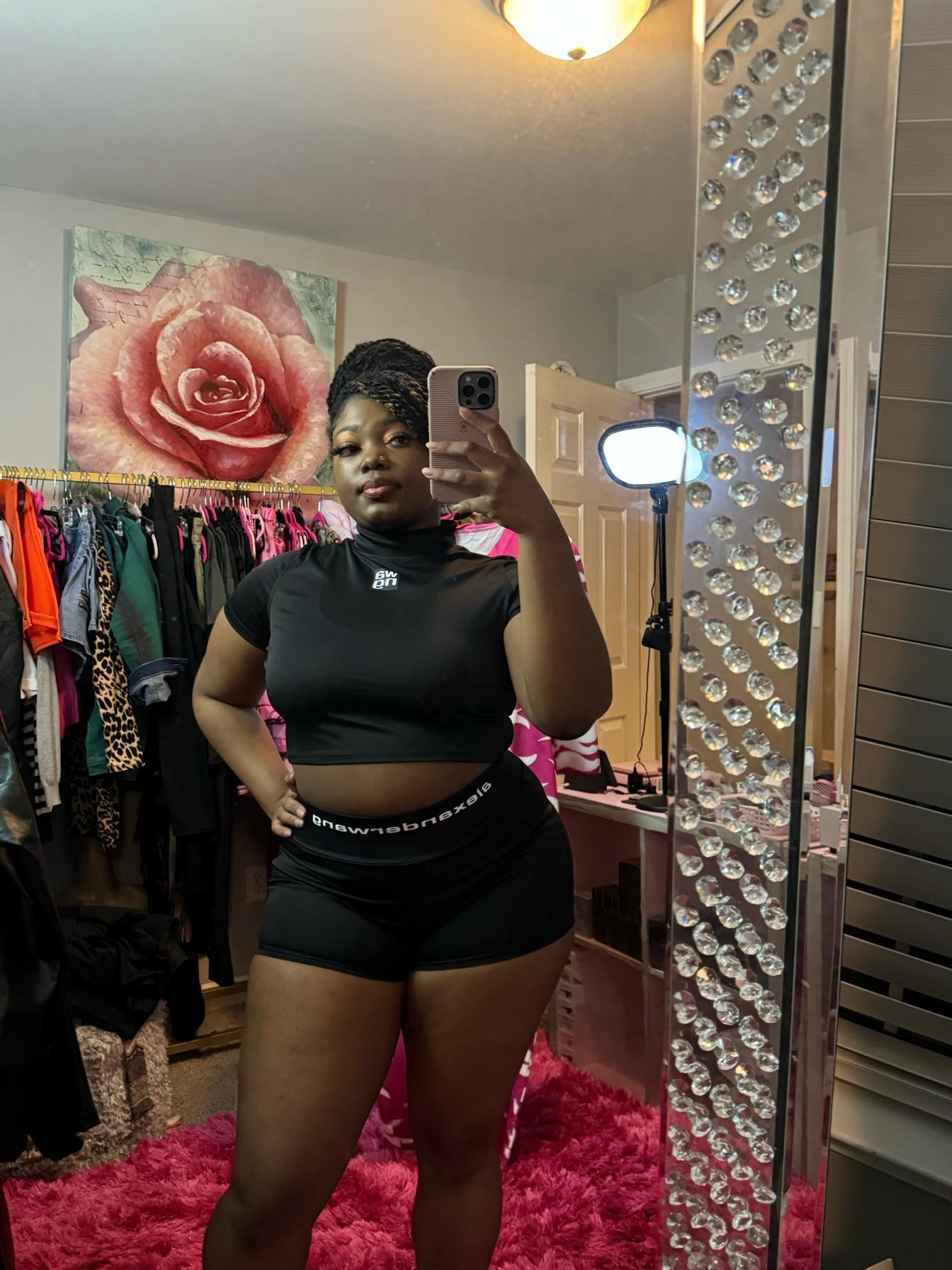 Black Alexander wang crop top and spandex shorts