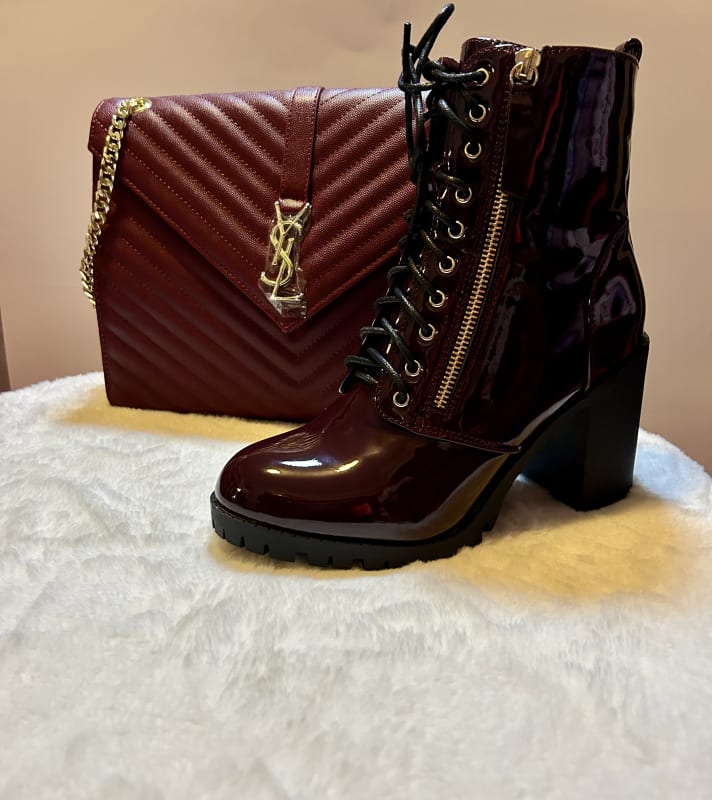 Burgundy YSL bag with gold chains burgundy boot