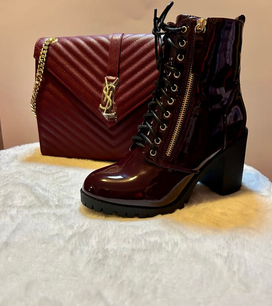 Burgundy YSL bag with gold chains burgundy boot