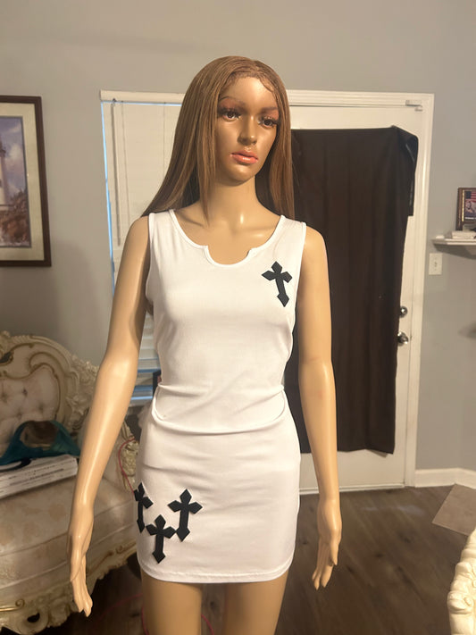 White spandex dress 4 black crosses